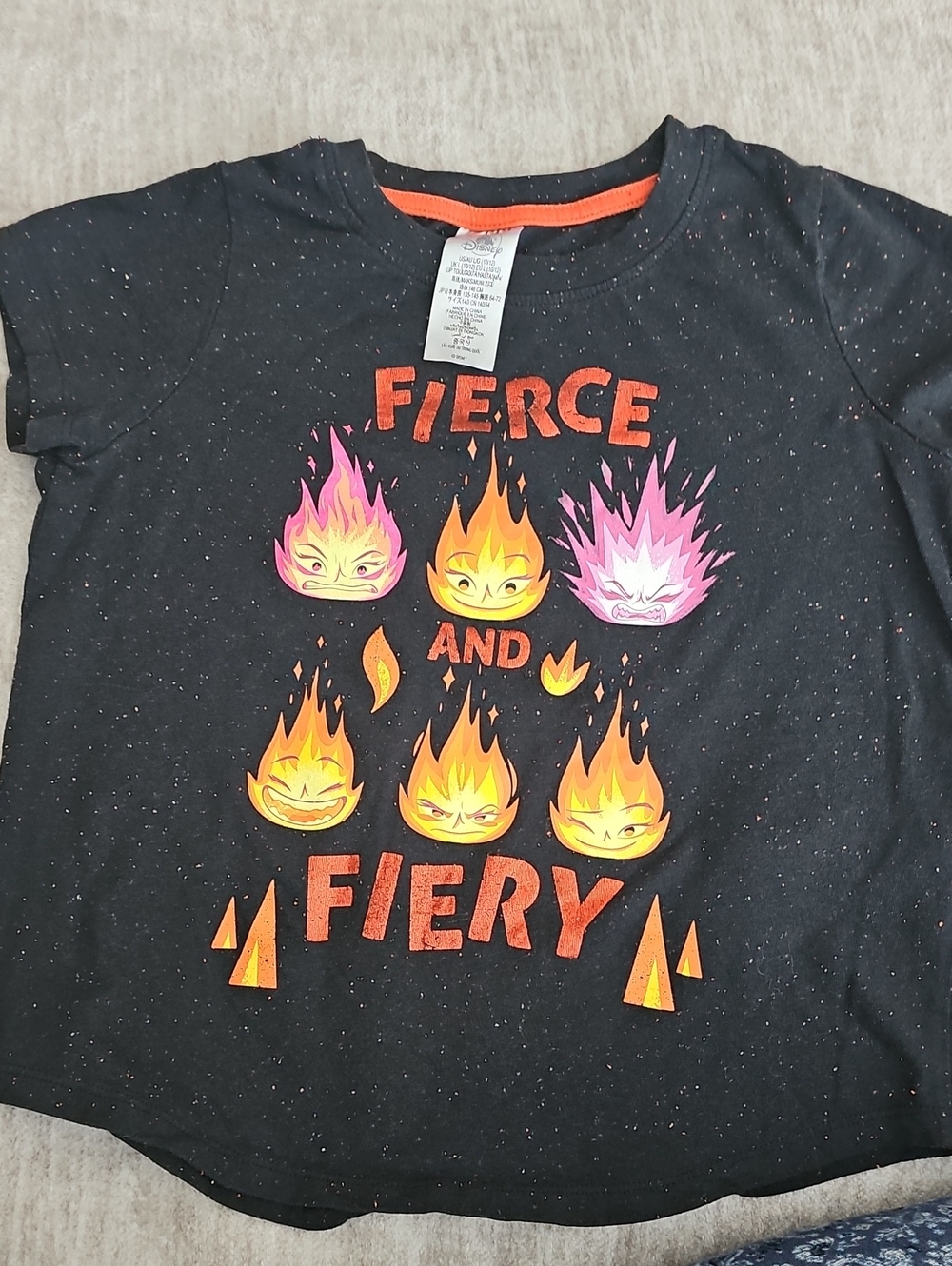 Disney Elemental Black Tee with Orange and Pink Flame Characters